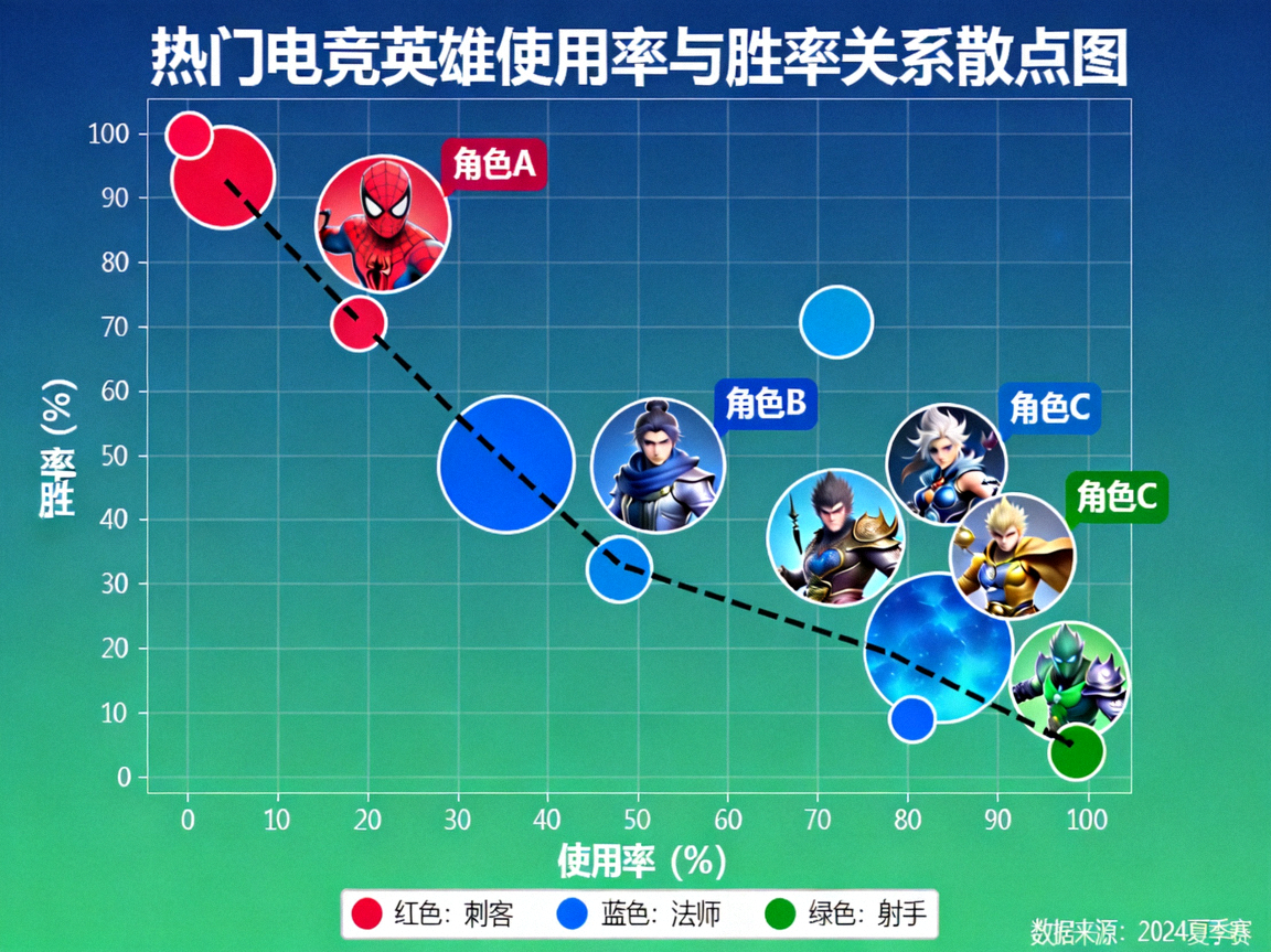 热门电竞英雄/角色使用率与胜率关系散点图