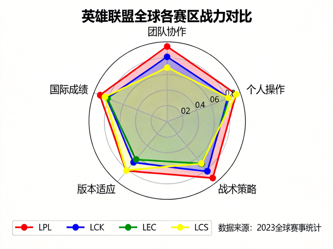 英雄联盟全球各赛区战力对比雷达图 - LPL、LCK、LEC、LCS