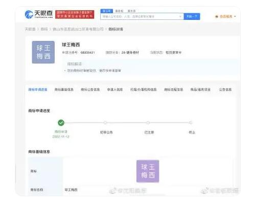 梅西本人已在中国注册姓名商标 分类包括服装鞋帽、健身器材等(图2)